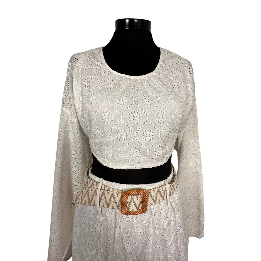 Open Back Blouse Eyelet Crop Top Boho Festival Long Sleeve XLarge‎